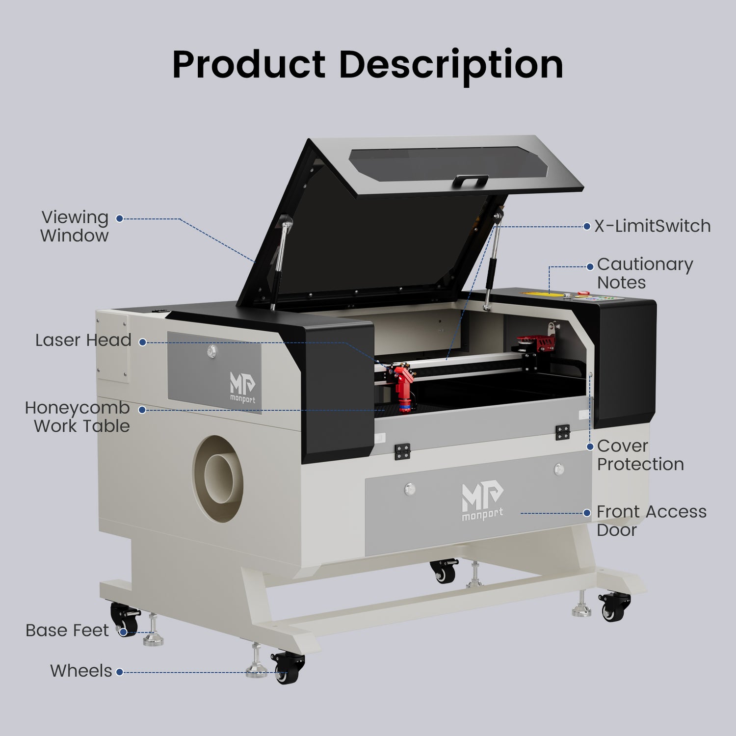 Monport 60W CO2 Laser Engraver & Cutter (28" x 20") with Autofocus and Bracket