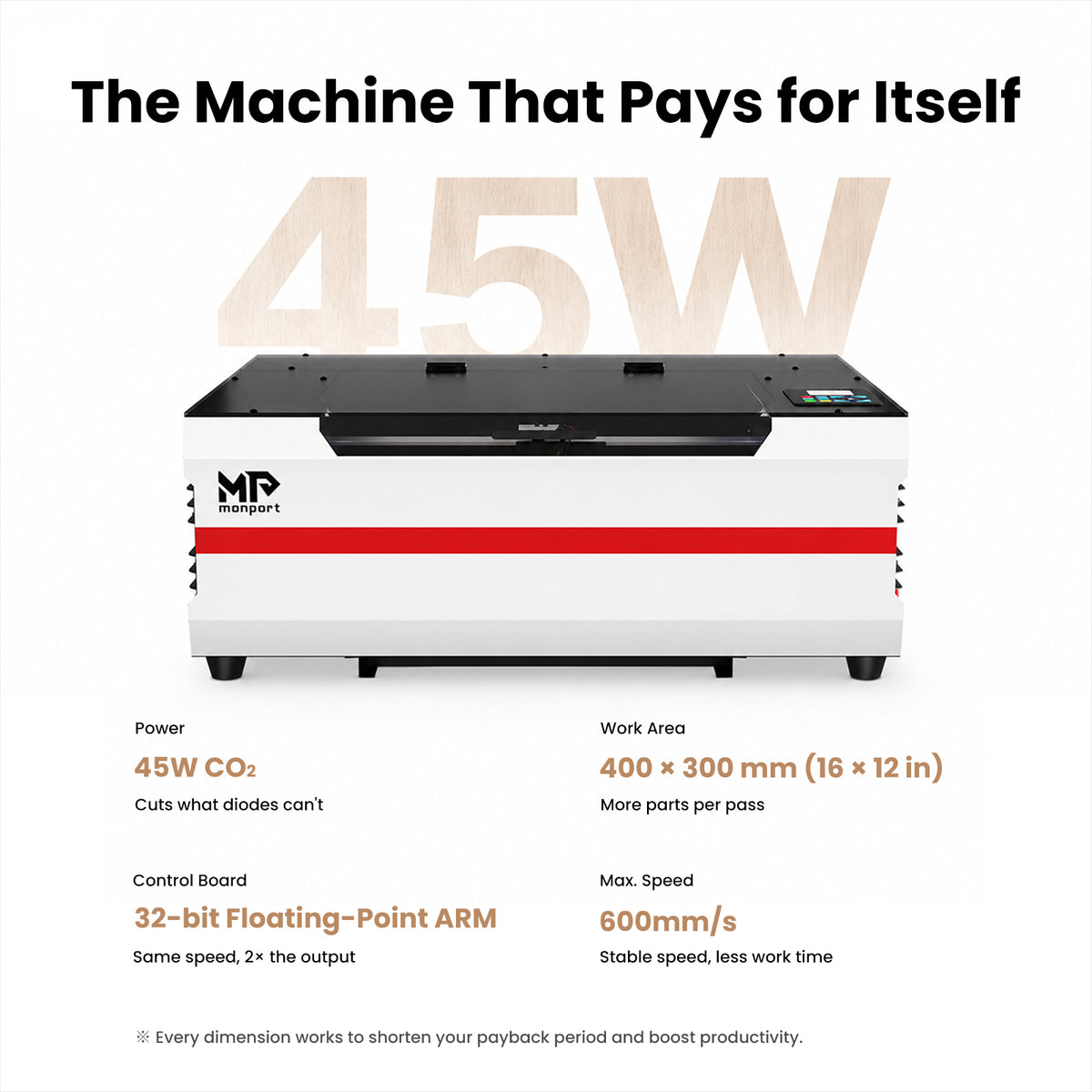 Monport Reno45 Pro Upgraded 45W Desktop CO2 Laser Engraver and Cutter (16" x 12") with Built-in Water Chiller & Brand New Assisted Autofocus