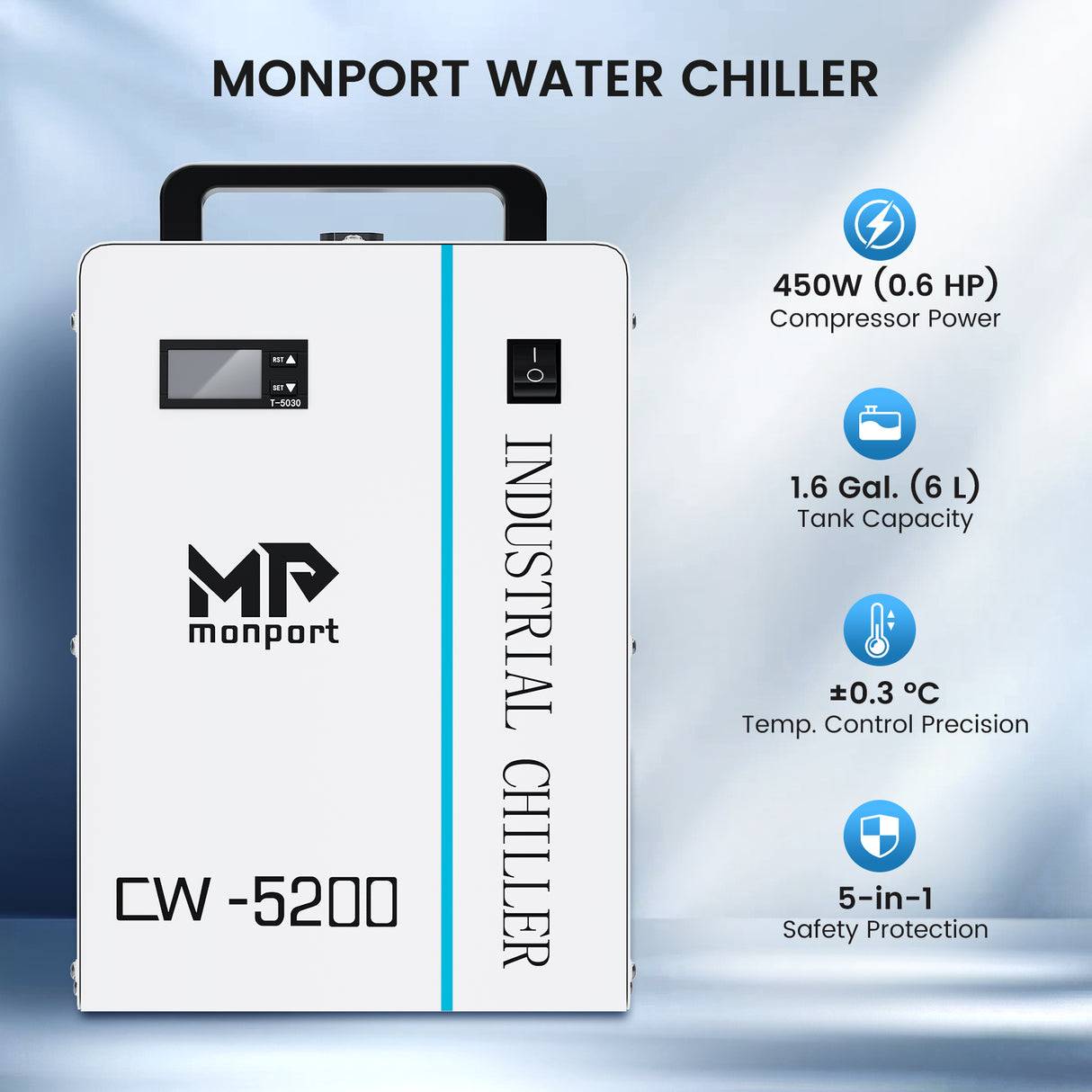 Monport 6L CW-5200 Industrial Water Chiller for 40W-150W CO2 Laser Engraver