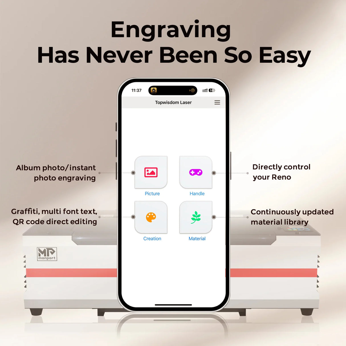 Monport Reno65 Pro Vision 65W Desktop CO2 Laser Engraver & Cutter (24" X 16") with 8MP HD Camera and Magnetic Assisted Autofocus