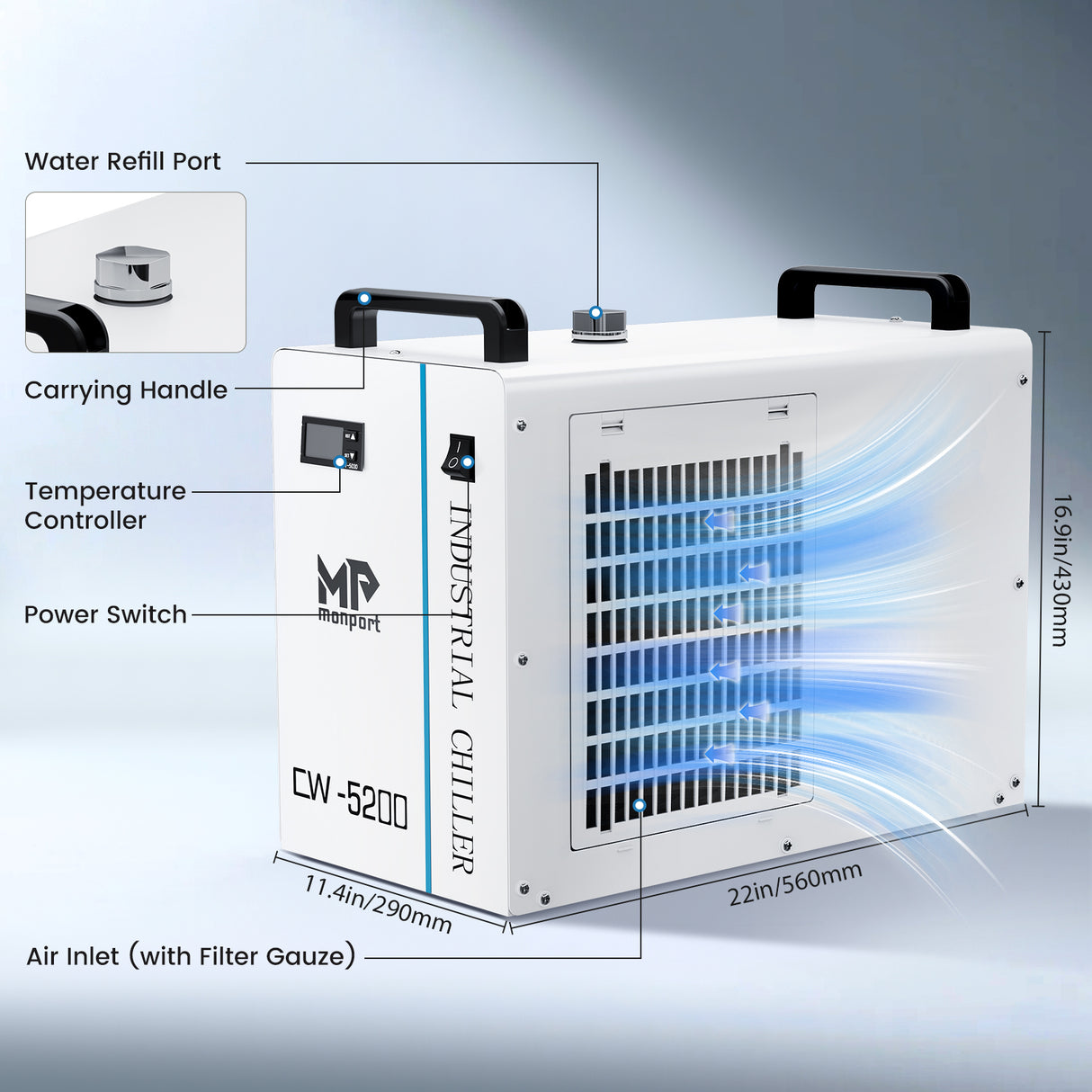 Monport 6L CW-5200 Industrial Water Chiller for 40W-150W CO2 Laser Engraver