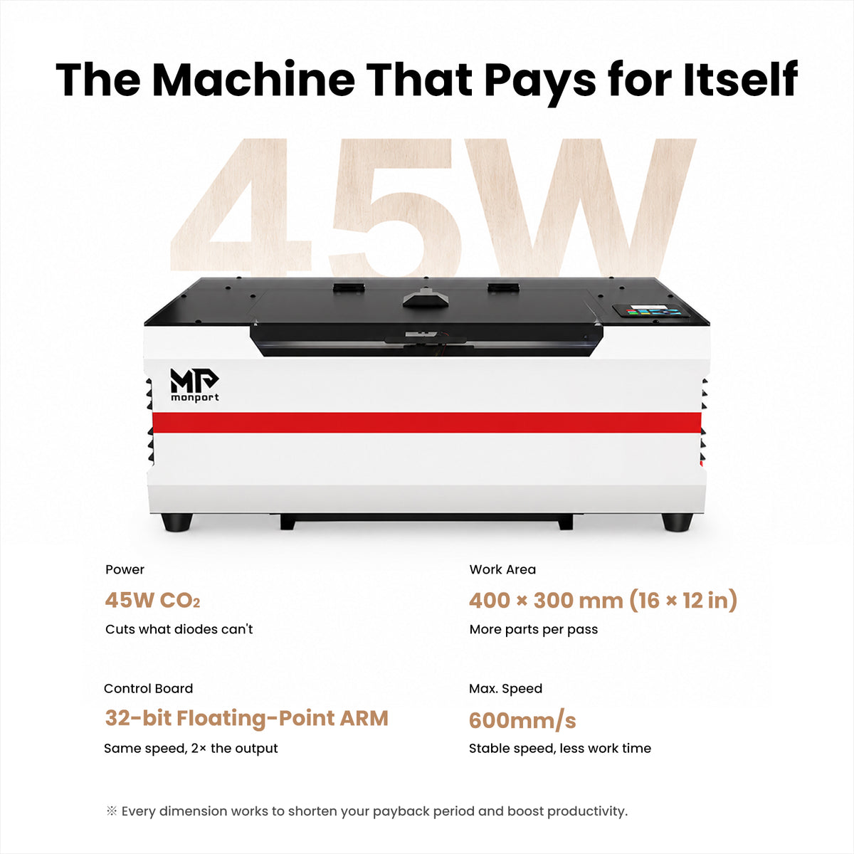 Monport Reno45 Pro Vision Upgraded 45W CO2 Laser Engraver & Cutter with Built-in Water Cooling & 8MP HD Camera