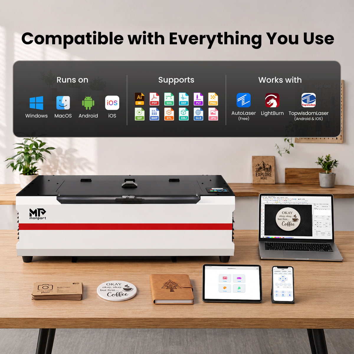 Monport Reno45 Pro Vision Upgraded 45W CO2 Laser Engraver & Cutter with Built-in Water Cooling & 8MP HD Camera