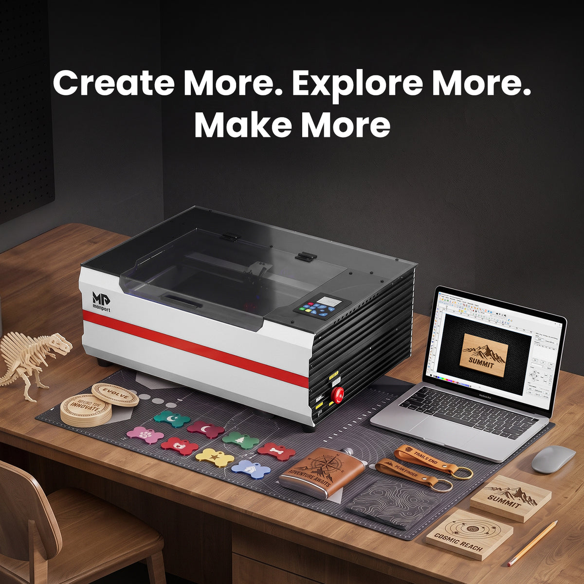 Monport Reno45 Pro Upgraded 45W Desktop CO2 Laser Engraver and Cutter (16" x 12") with Built-in Water Chiller & Brand New Assisted Autofocus