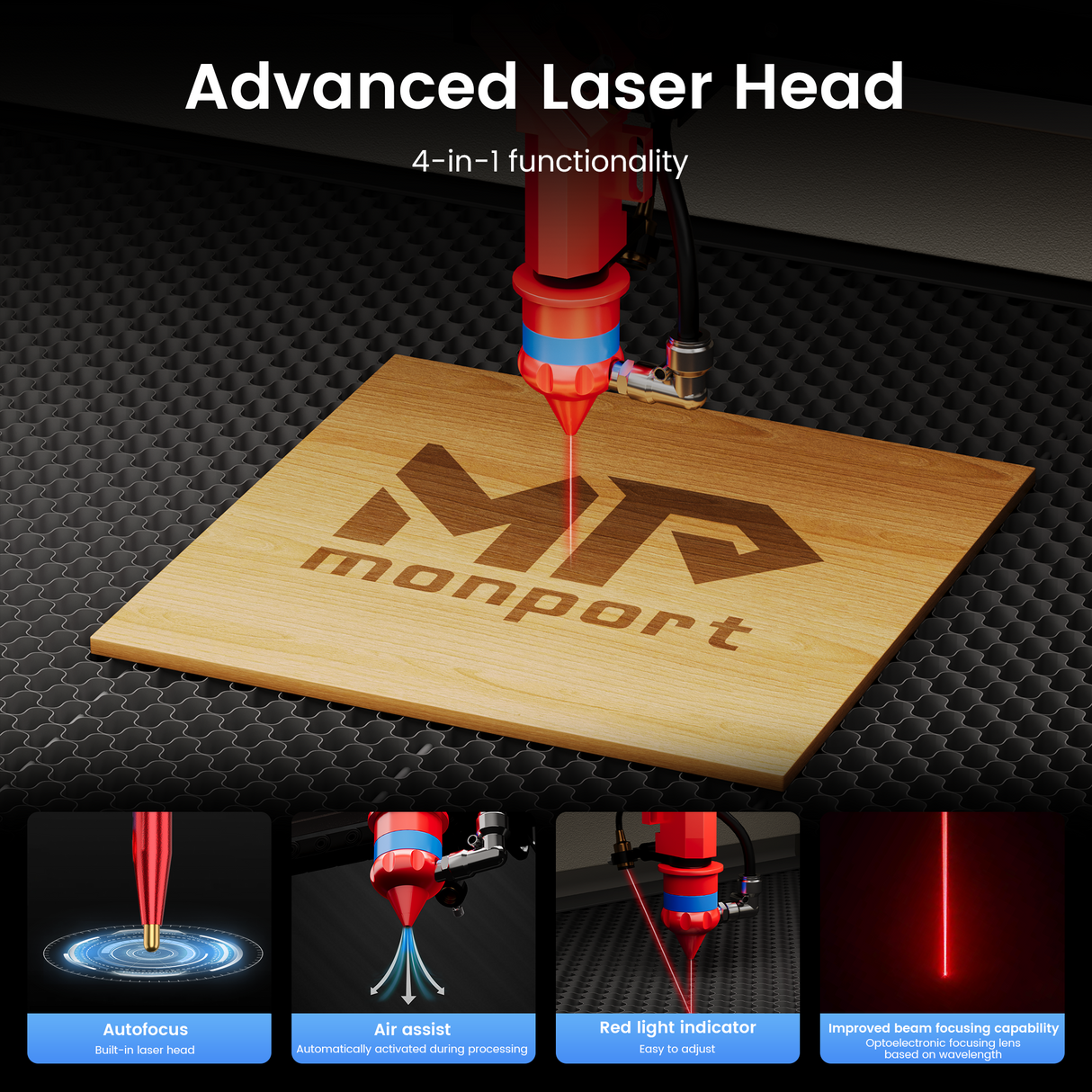 Monport 80W CO2 Laser Engraver & Cutter (28" x 20") with Autofocus and Bracket