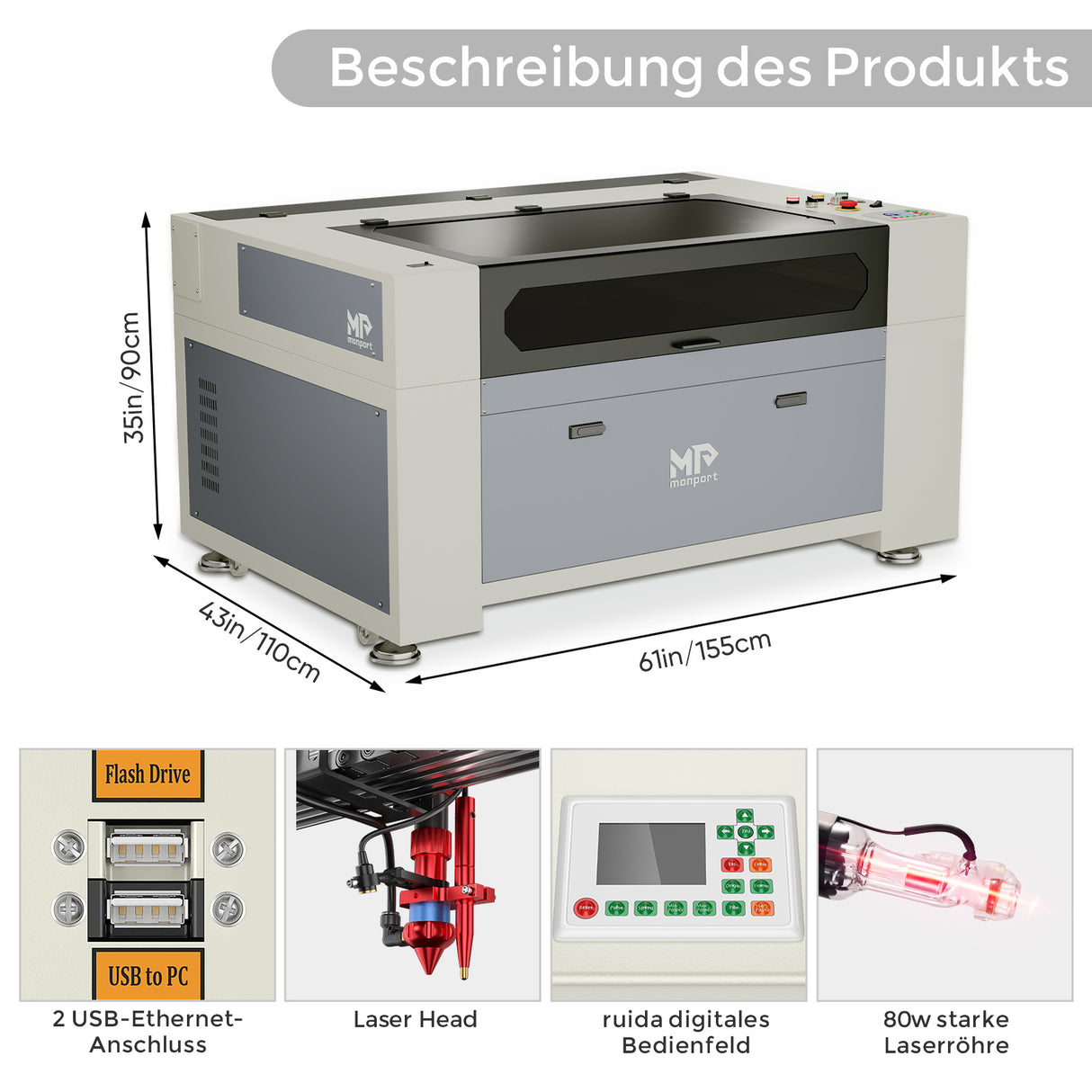 Monport 100W CO2 Eingebaut Wasserkühlsystem Laser Graviermaschine & Cutter mit (1000 x 600mm)